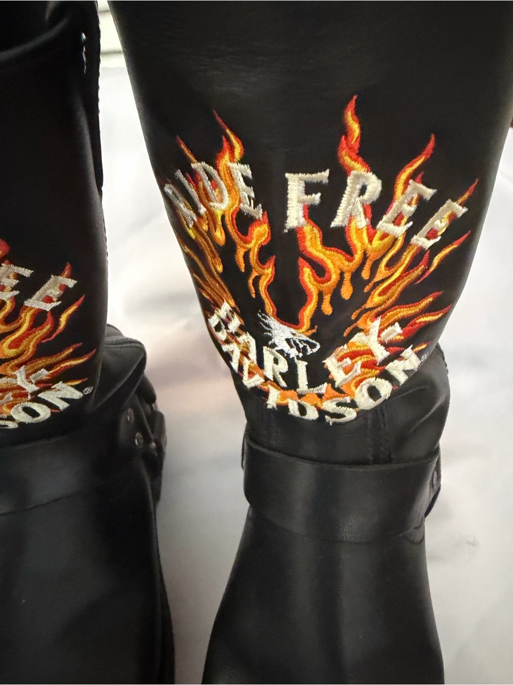 Harley-Davidson Rare Leather Black Ride Boots with Flame Ride Free Embroidery - Picture 2 of 8